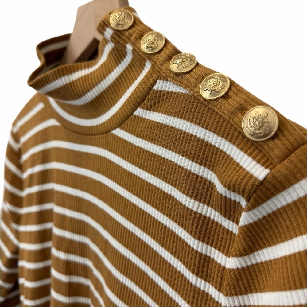 J.Crew Ribbed Mock Neck Striped Sweater M Camel Brown White Coastal Classic - Picture 4 of 8